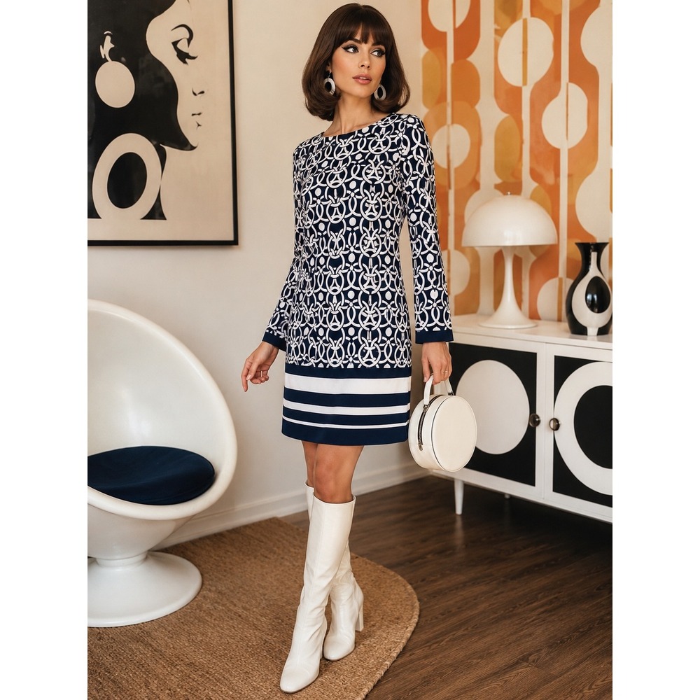 INC Womens Black White Geometric Link Mod Shift Mini Dress M Retro Resort Office